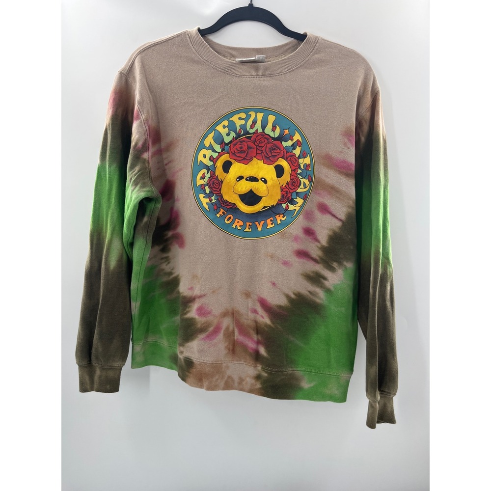 Grateful Dead Forever Tie Dye Sweatshirt Dancing Bear Roses Tan Green MD